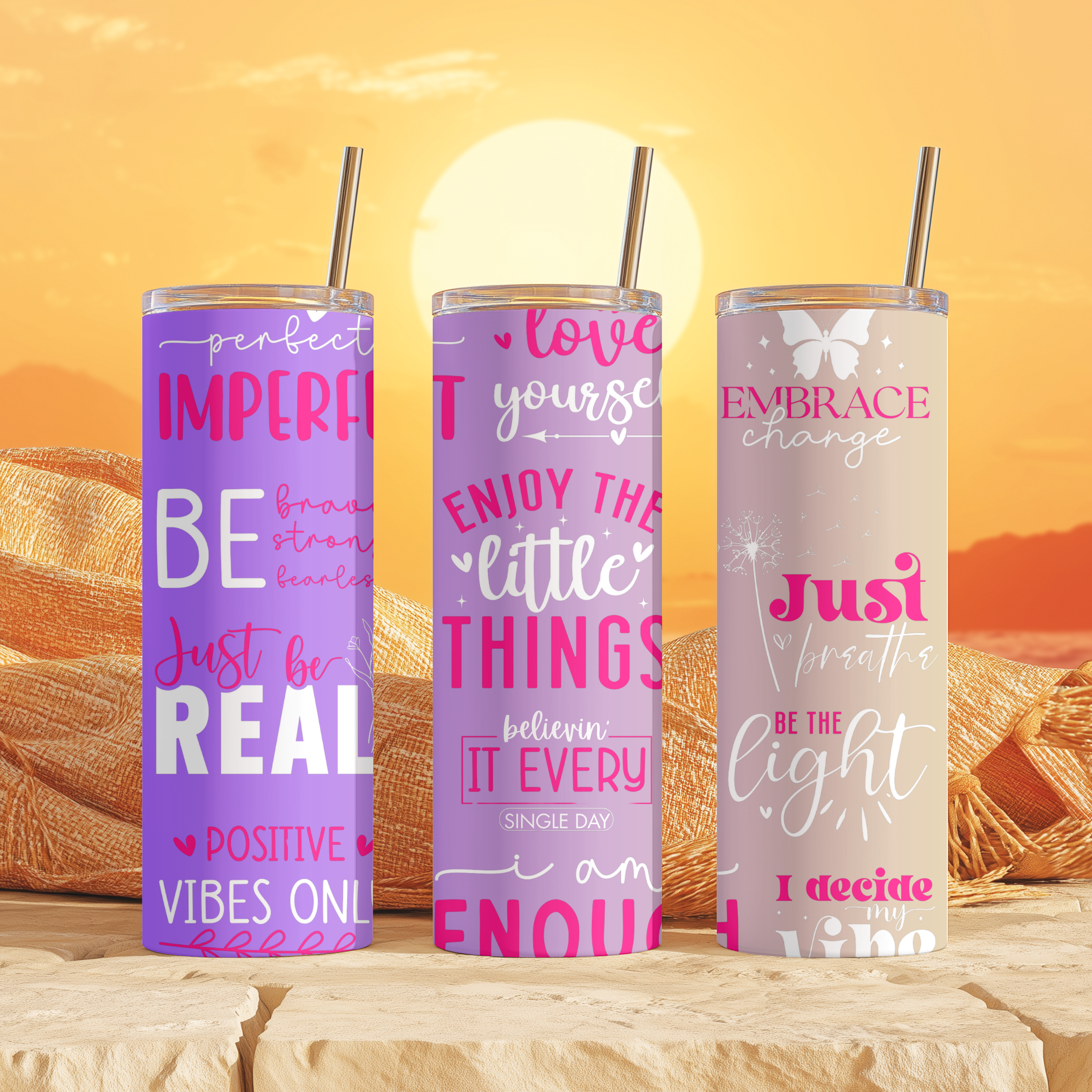 Group display of Perfectly Imperfect tumblers in 20oz stainless steel, Christian affirmation drinkware collection mockup.