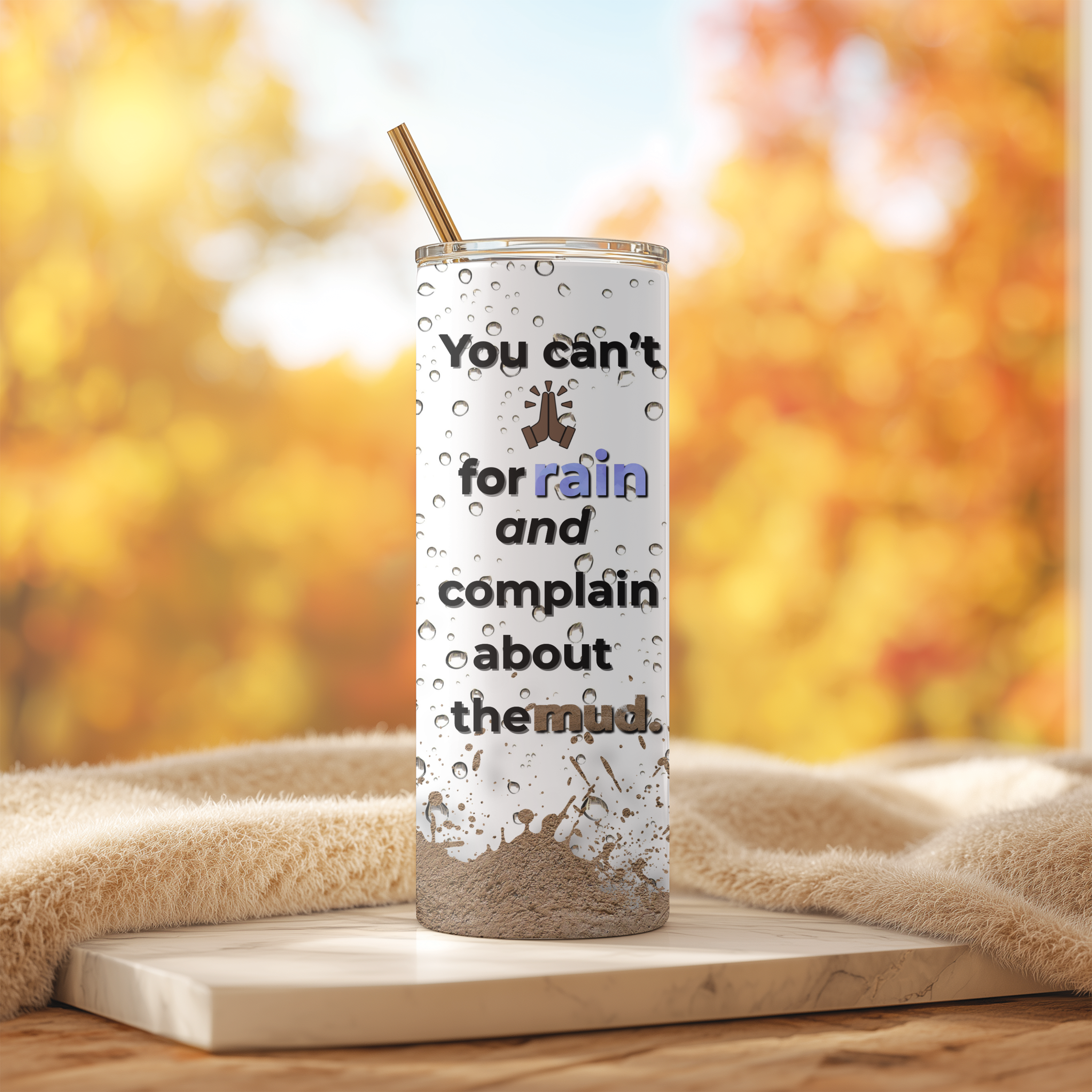Pray for Rain Tumbler front view, 20oz stainless steel Christian cup with faith quote