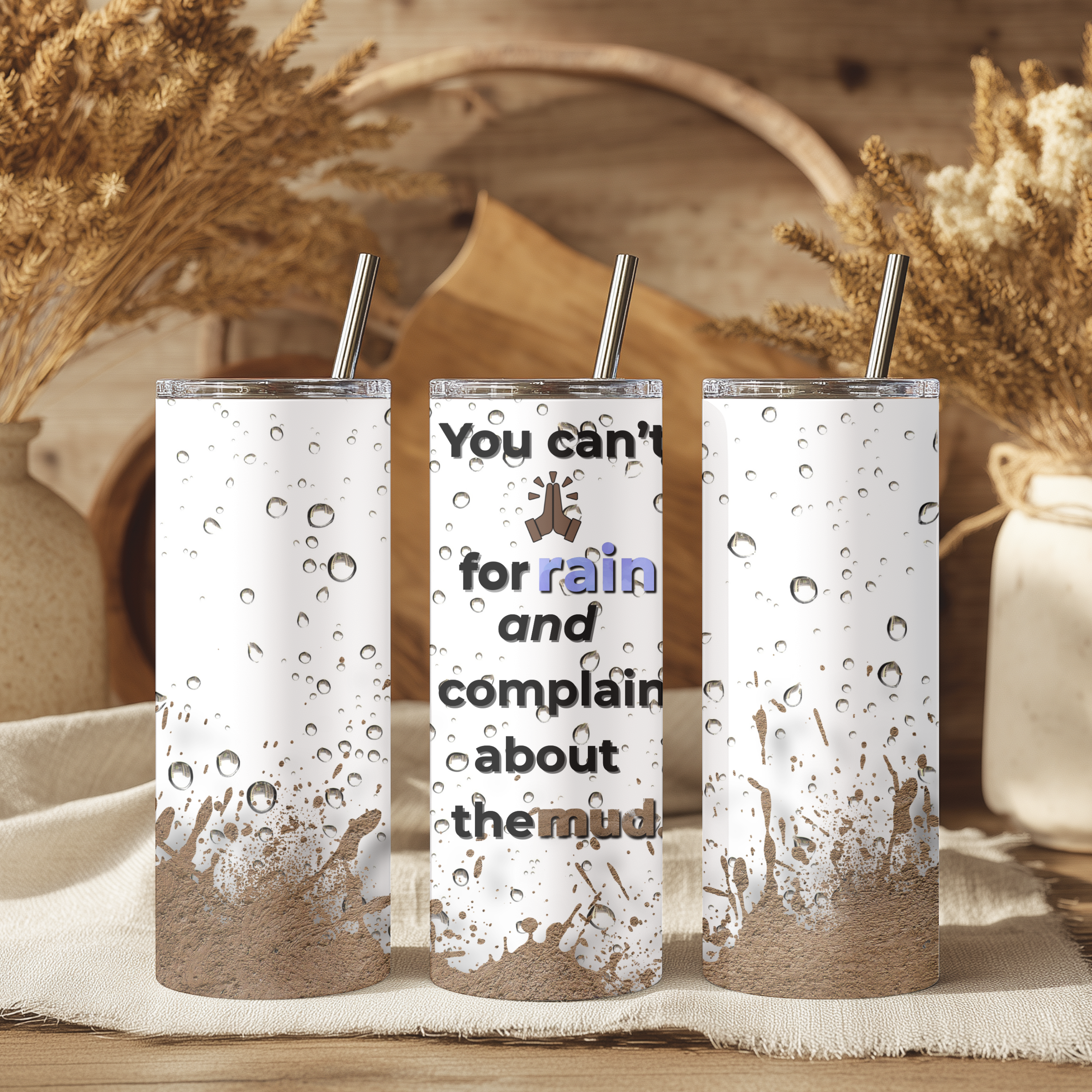 Pray for Rain Tumbler side angle, insulated skinny tumbler with Christian motivational saying