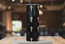 Load and play video in Gallery viewer, 360° rotating mockup video of By His Cross™ 20oz Stainless Steel Tumbler with scripture-inspired cross pattern.
