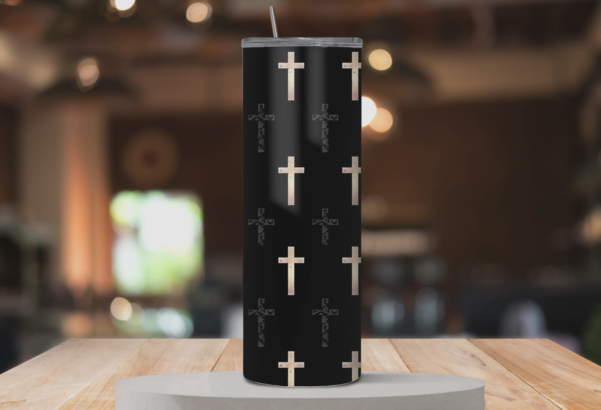 360° rotating mockup video of By His Cross™ 20oz Stainless Steel Tumbler with scripture-inspired cross pattern.