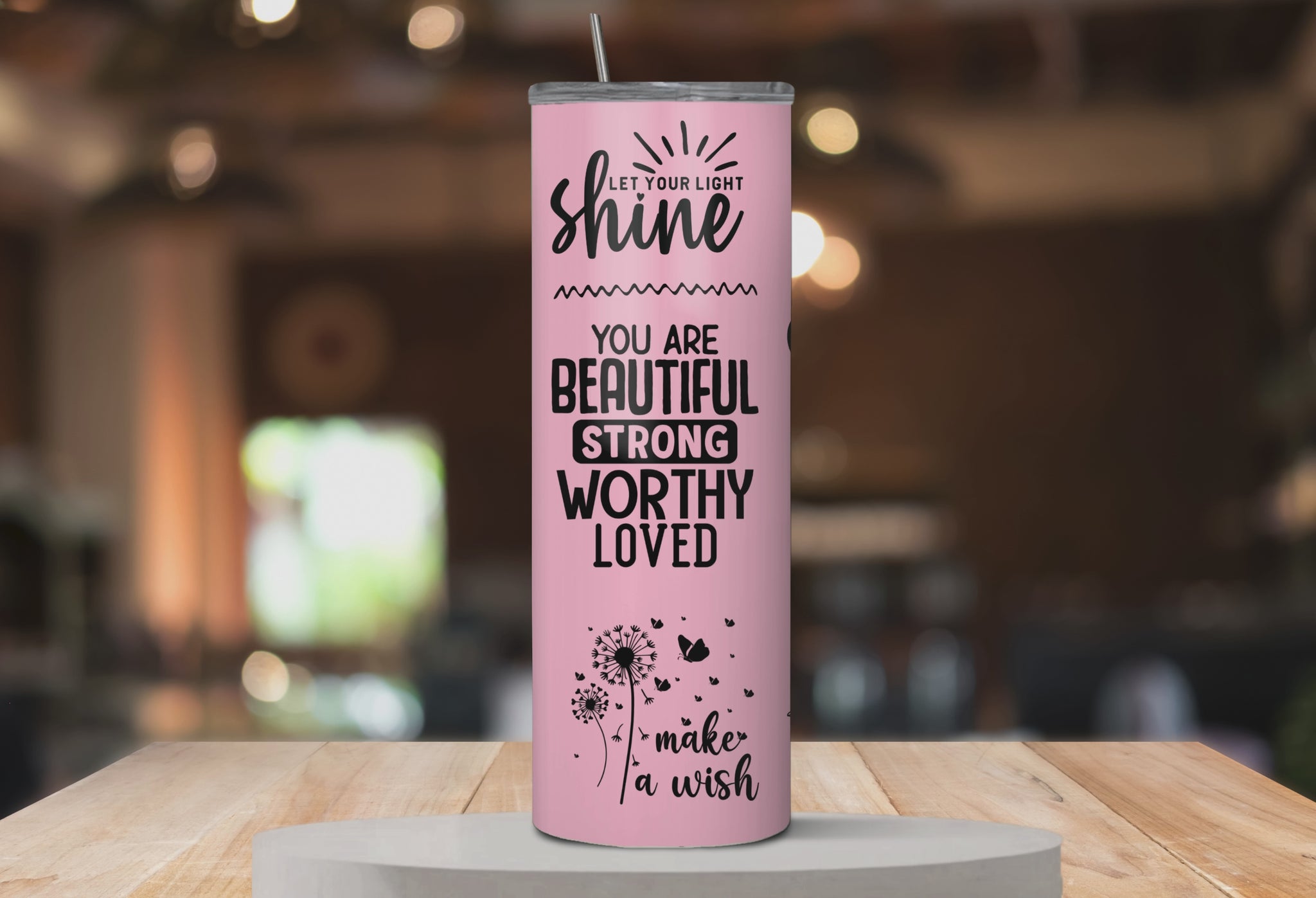 360° rotating mockup of Shine Bright™ tumbler with butterfly design.