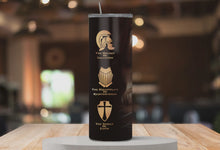 Load and play video in Gallery viewer, 360° rotating mockup video of Armor of God™ tumbler with Ephesians 6 inspired design.
