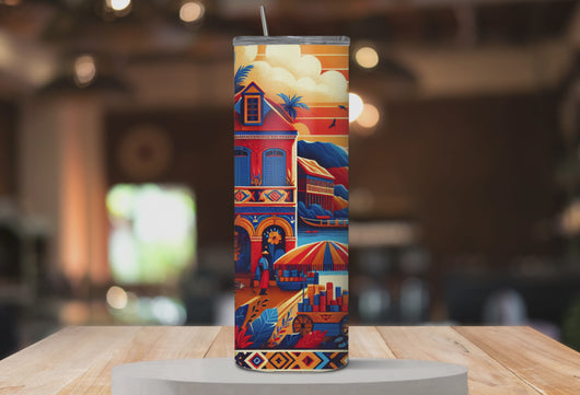 Rotating video of Haiti Heritage tumbler showing 360° tropical Caribbean-inspired design.