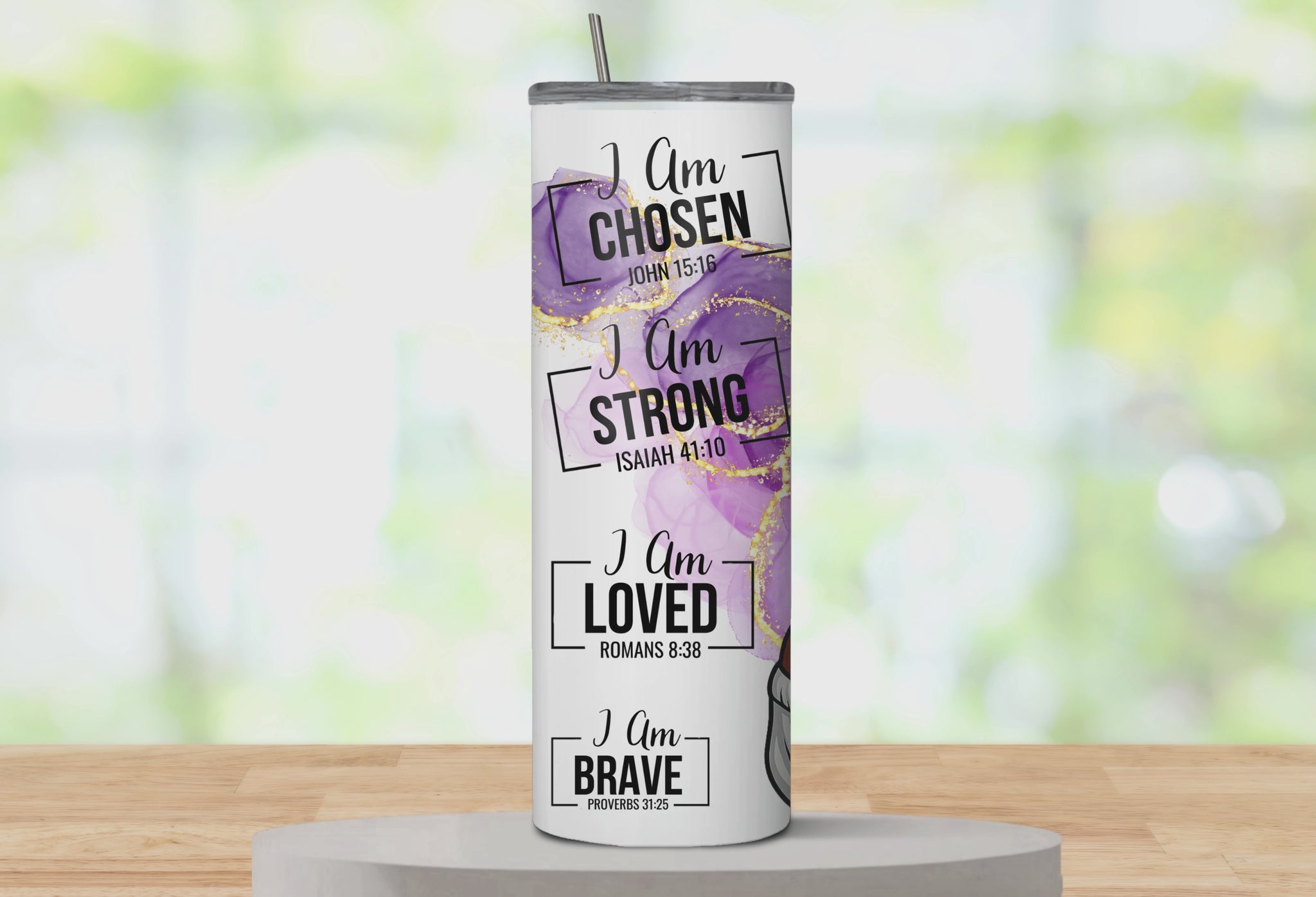 360° rotating mockup of I Am Enough motivational stainless steel tumbler, affirmation scripture-inspired design.