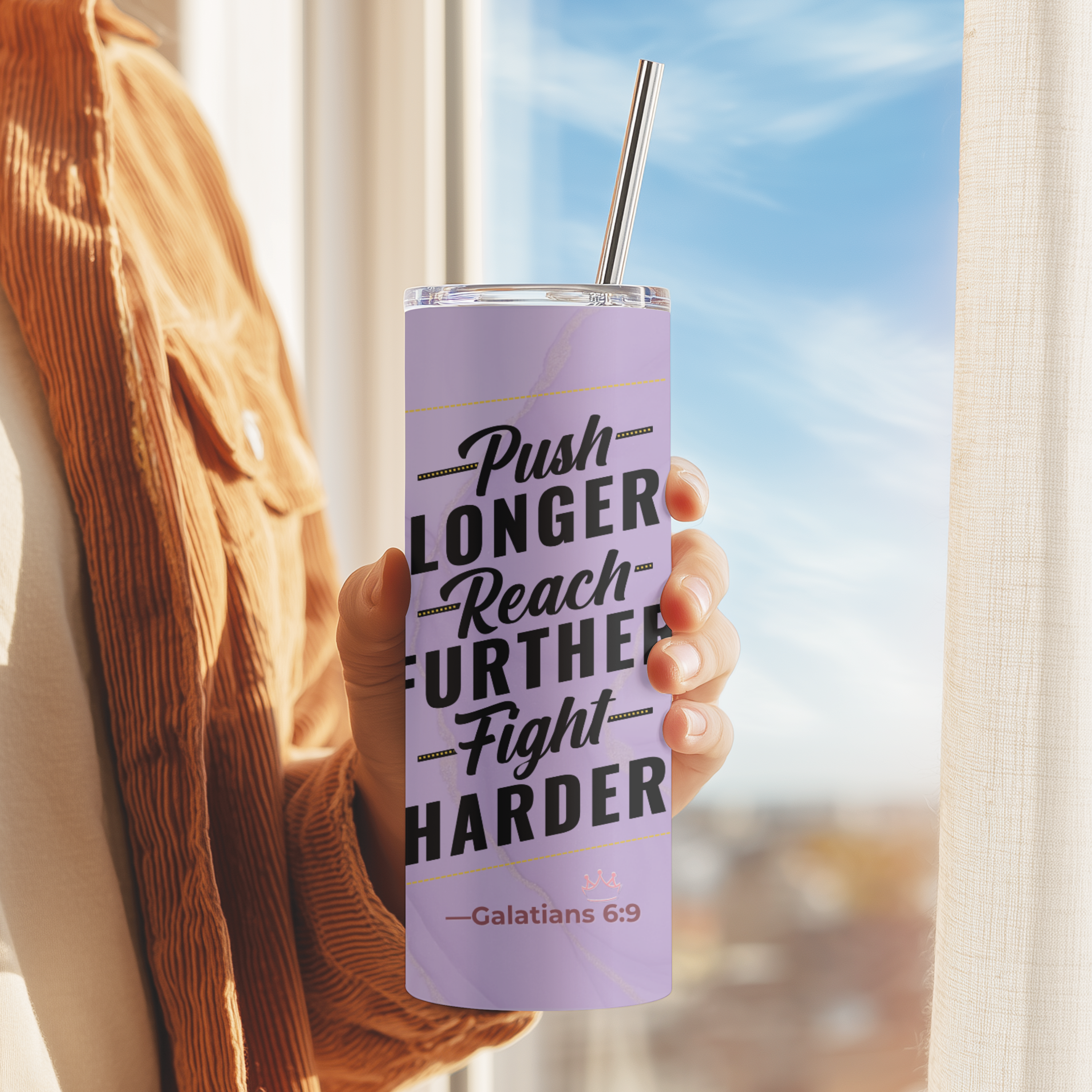 Side-angle view of Push. Reach. Fight.™ stainless steel tumbler with scripture-inspired design, perfect for hot or cold drinks