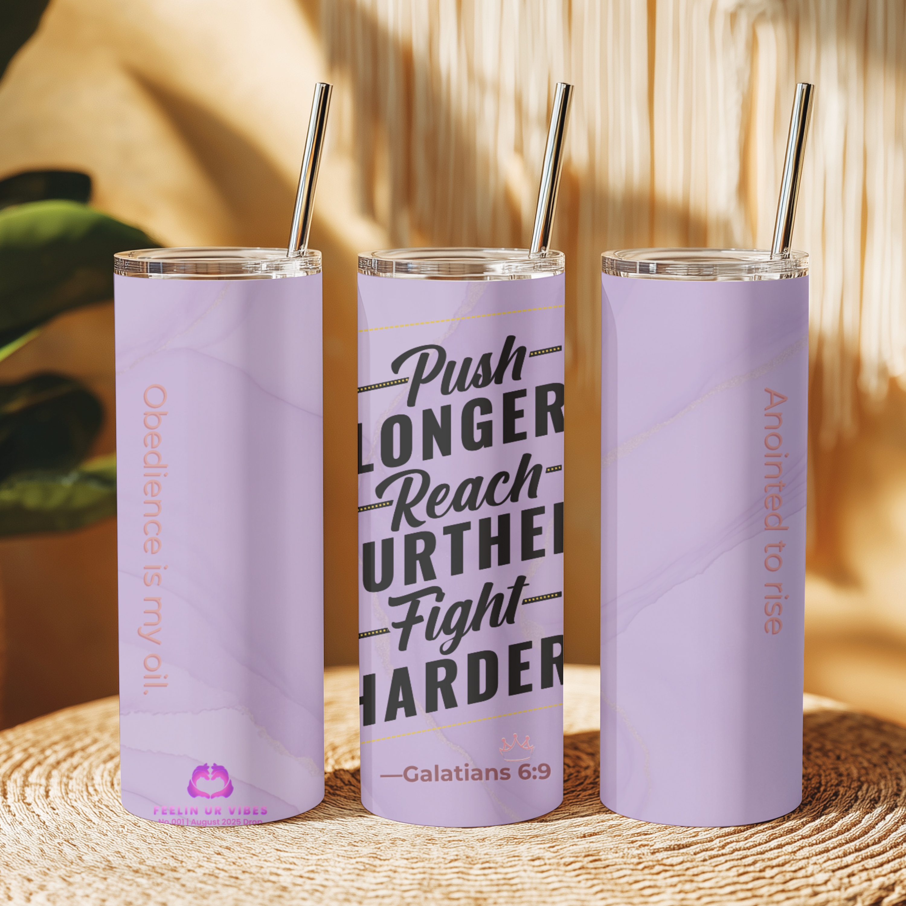 Push. Reach. Fight.™ tumbler shown with clear lid and reusable straw, motivational stainless steel cup for daily persistence and faith.