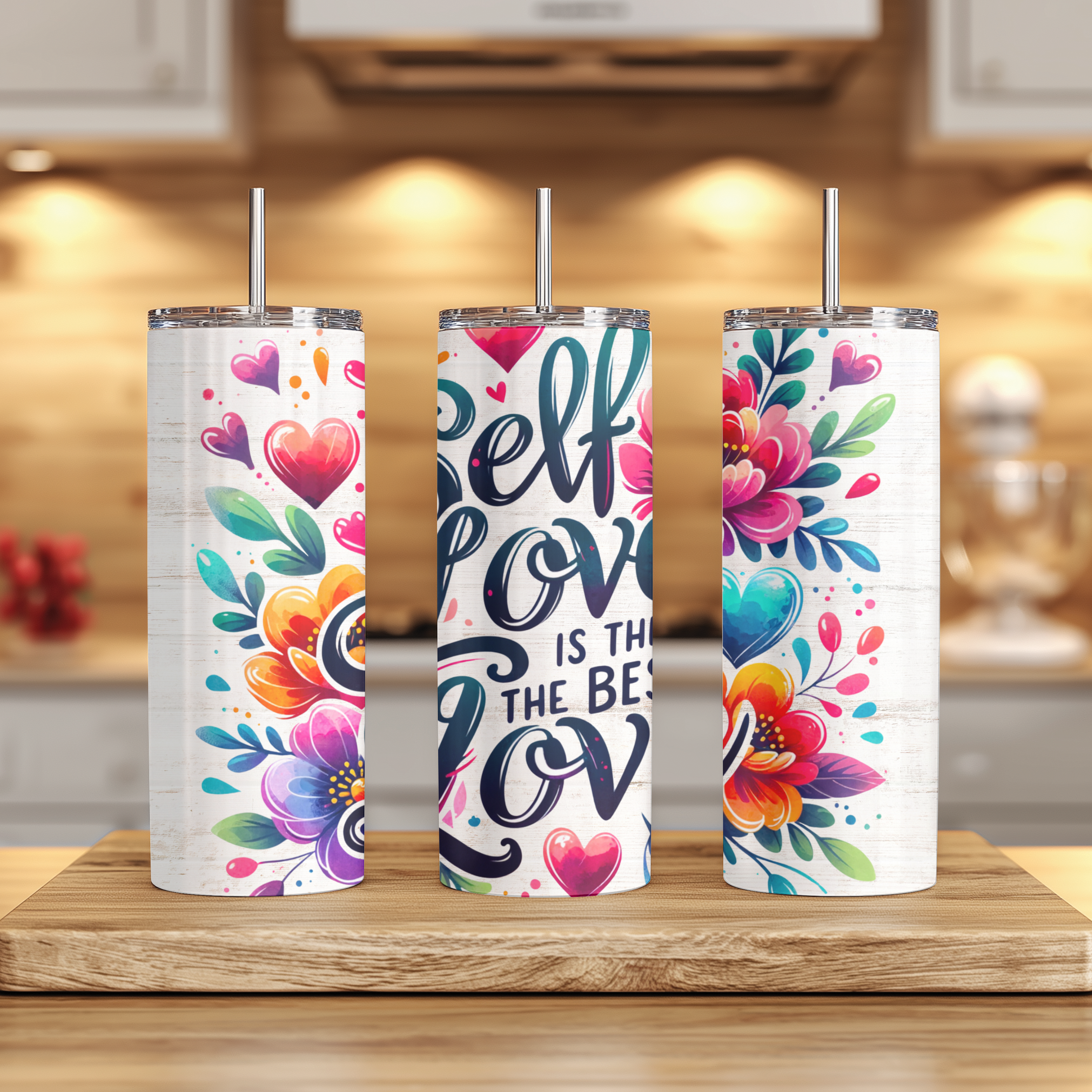 Close-up of tumbler showing “Self Love Is the Best Love” floral design.