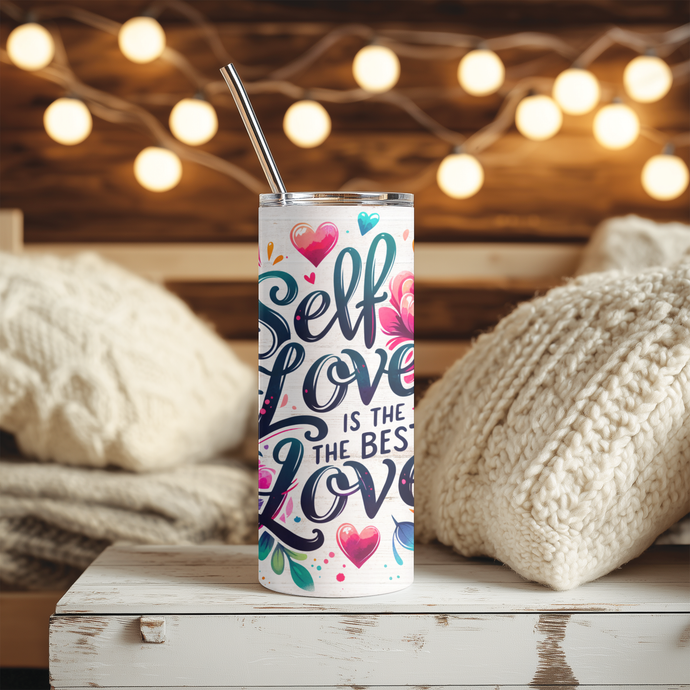 Front view of Self Love Is the Best Love™ tumbler with floral affirmation design.