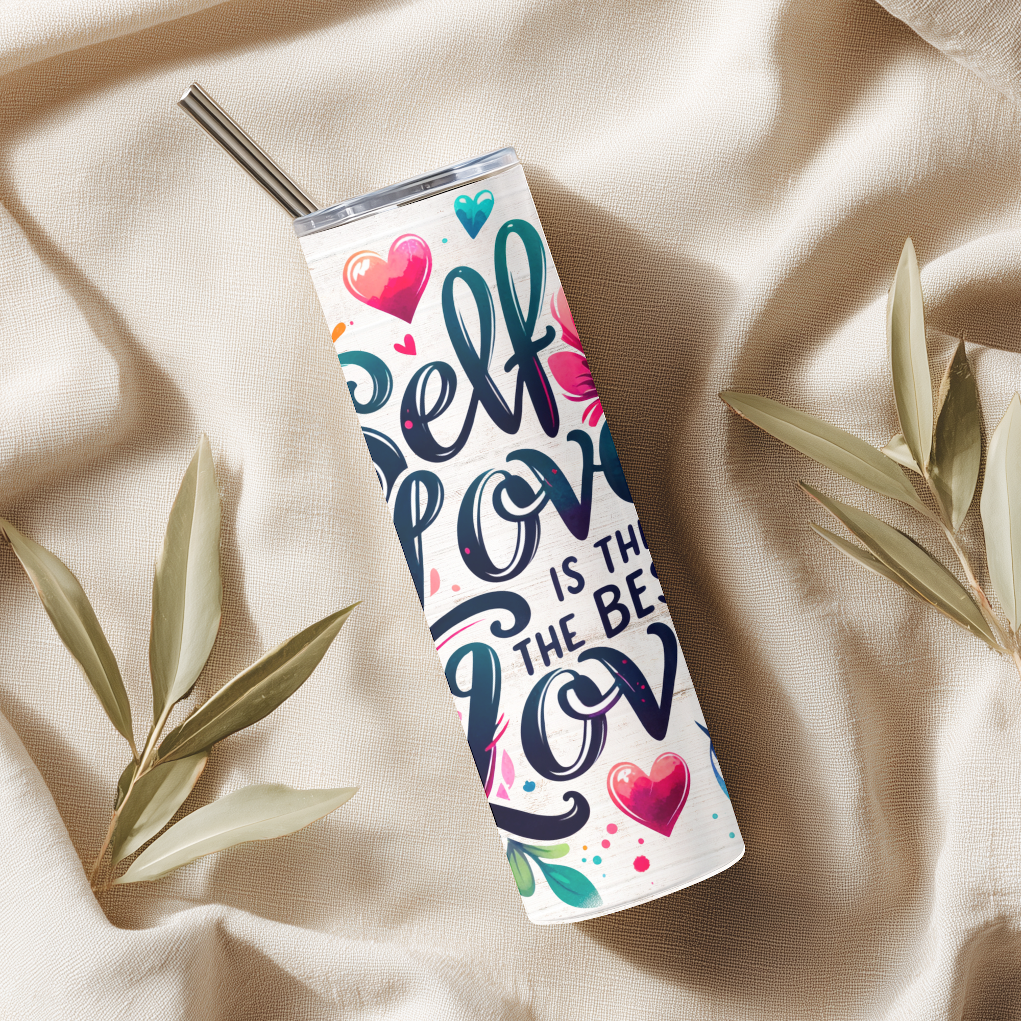 Lifestyle photo of Self Love tumbler styled in a bright, cozy setting.