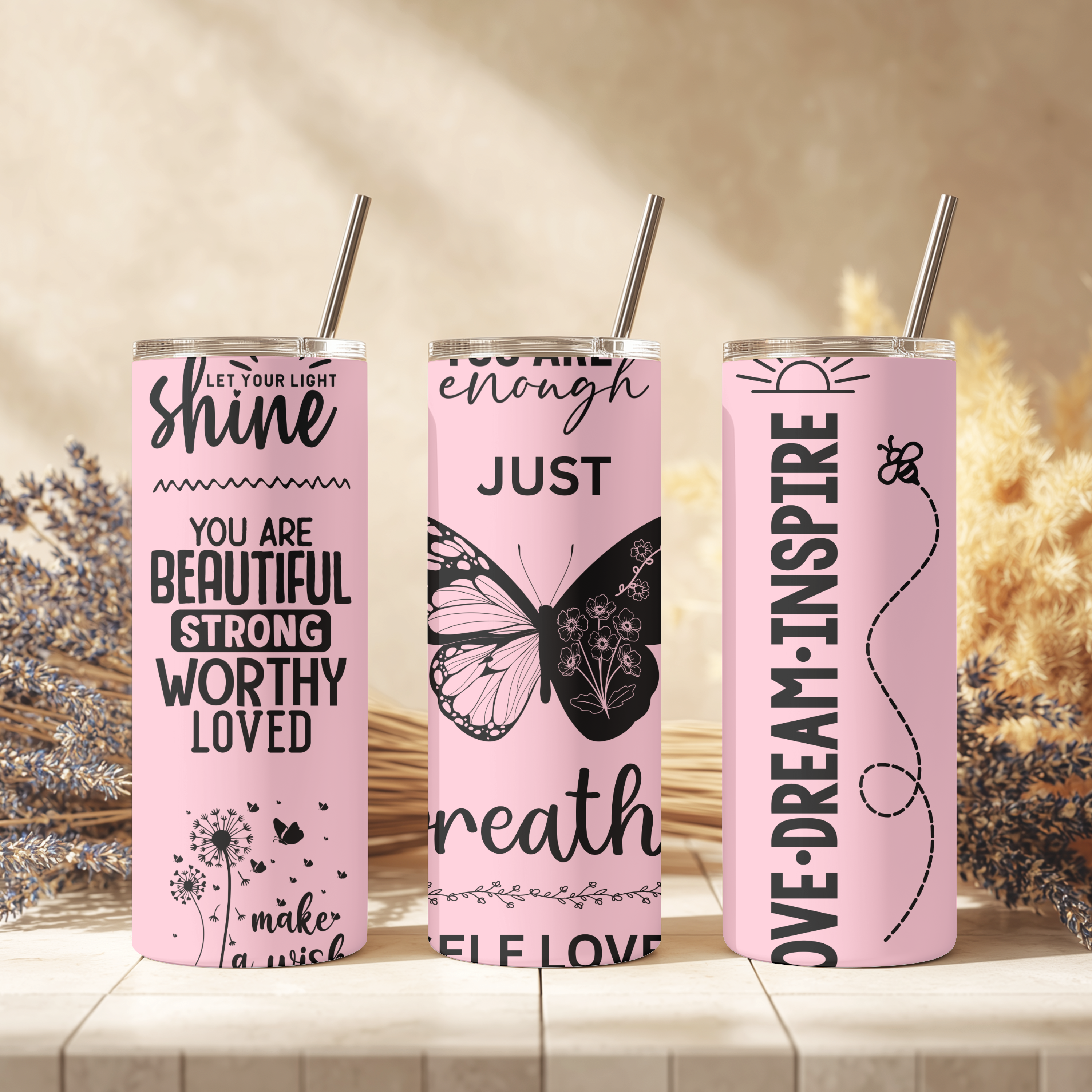 Close-up of tumbler showing affirmation text: “You are enough. You are worthy. You are loved.”