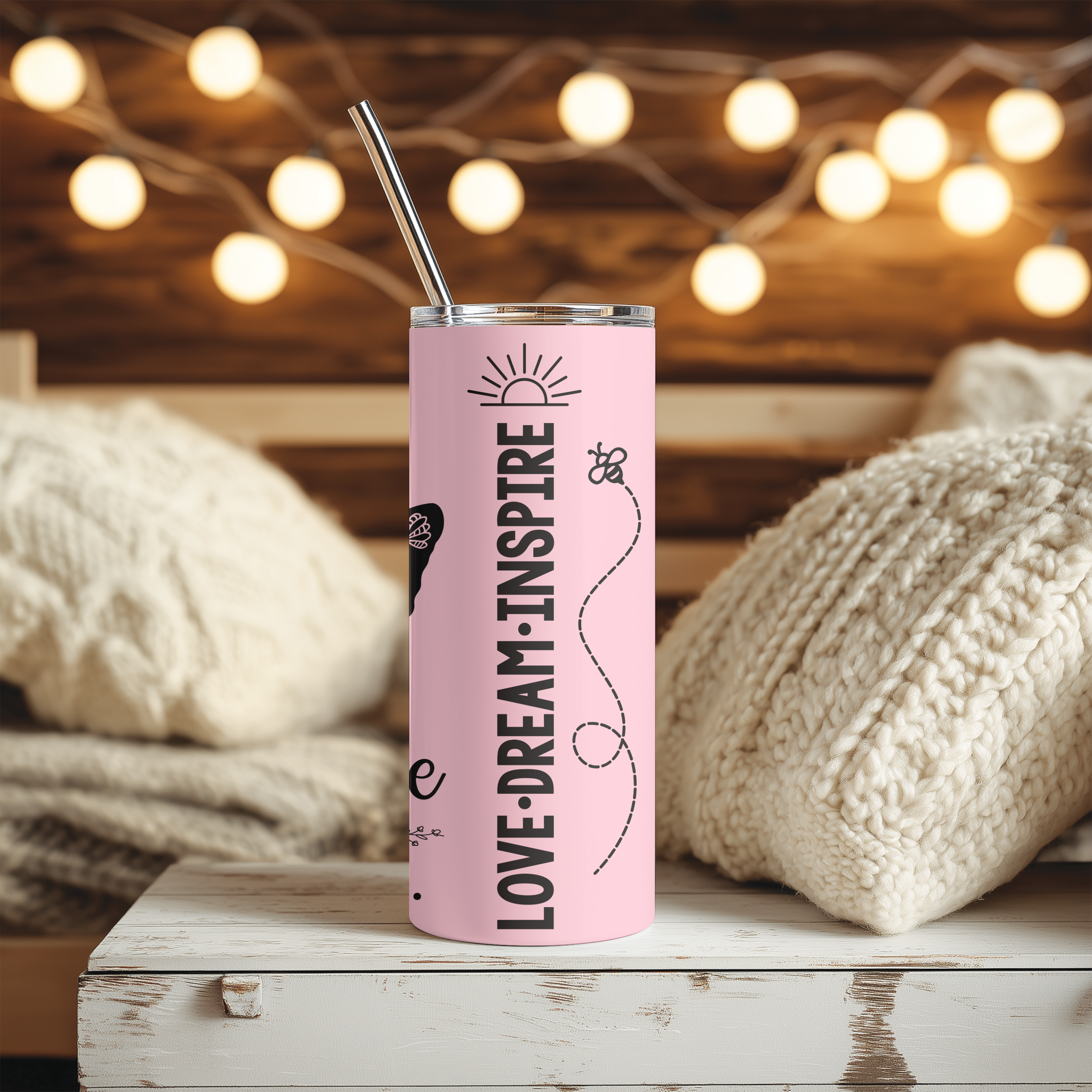 Front view of Shine Bright™ tumbler with butterfly and affirmation text.