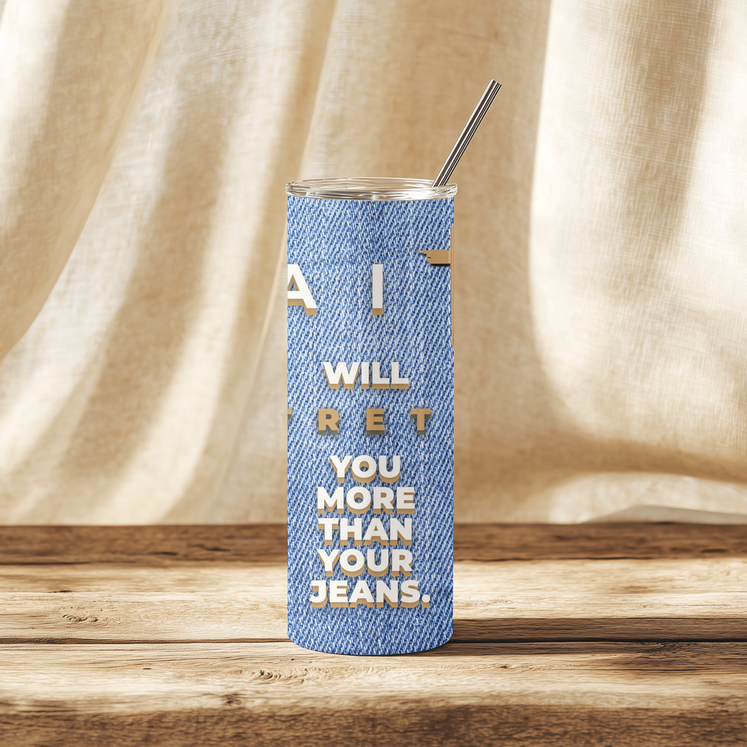 Stretched By Faith™ 20oz stainless steel tumbler with denim-inspired wrap and Christian motivational phrase.