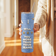 Load image into Gallery viewer, Stretched By Faith™ 20oz stainless steel tumbler with denim-inspired wrap and Christian motivational phrase.
