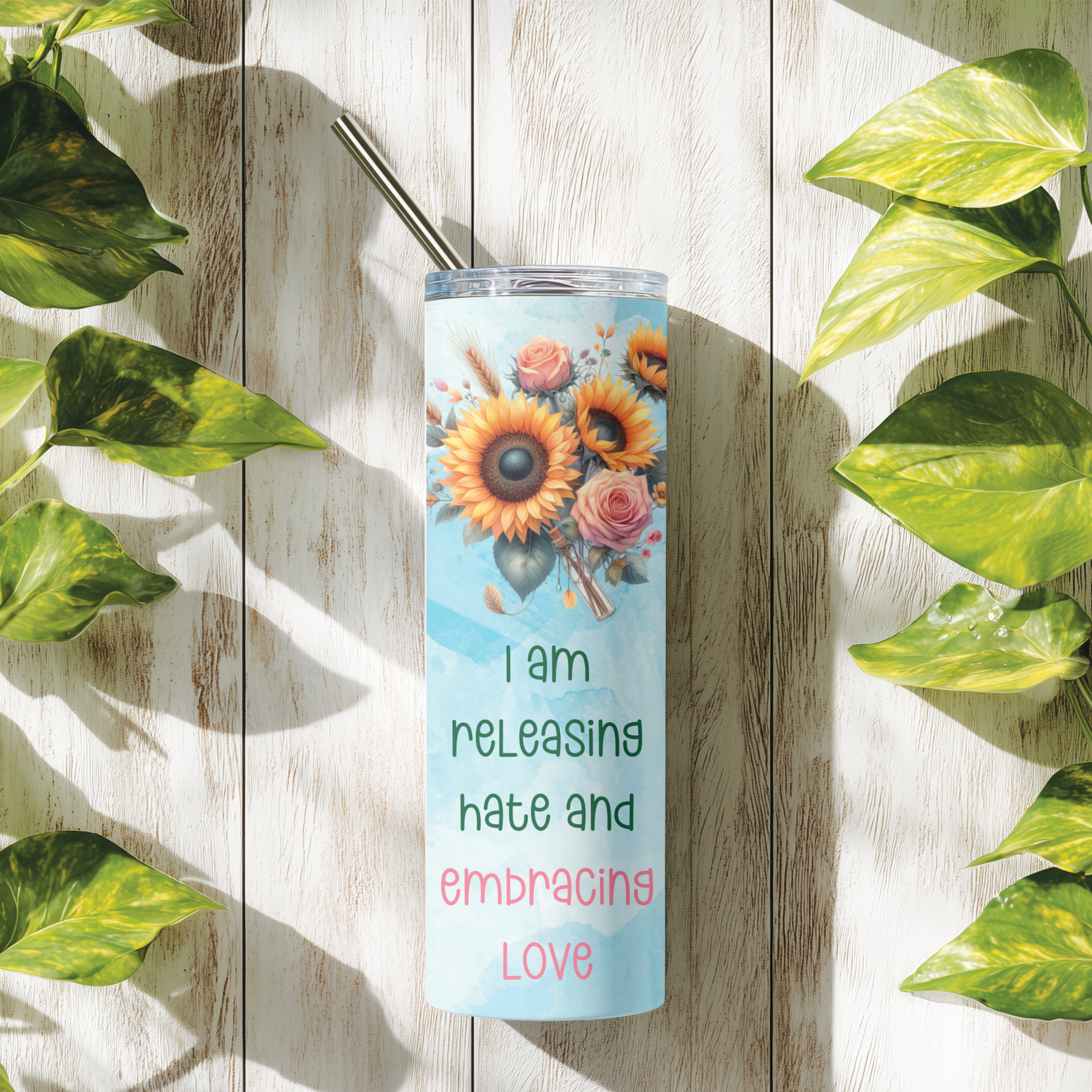Lifestyle photo of Sunflower Strength™ tumbler in a bright, uplifting setting.