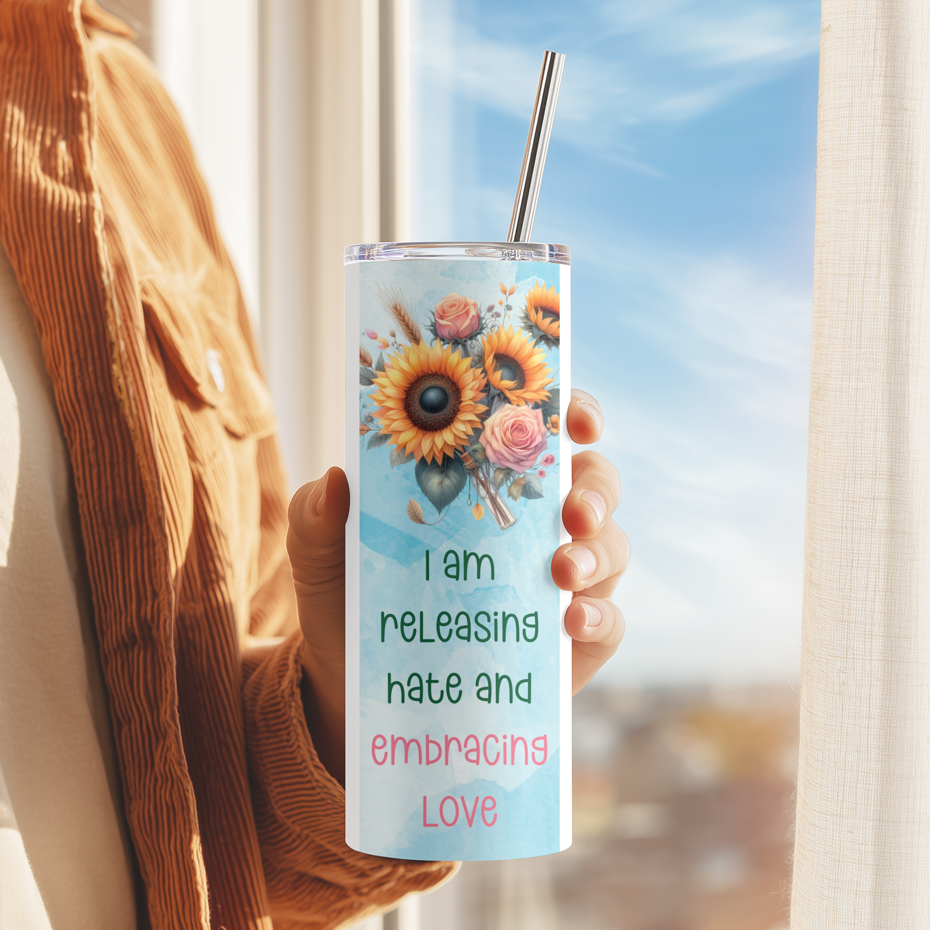 Side angle showing sunflower affirmation wrap design.
