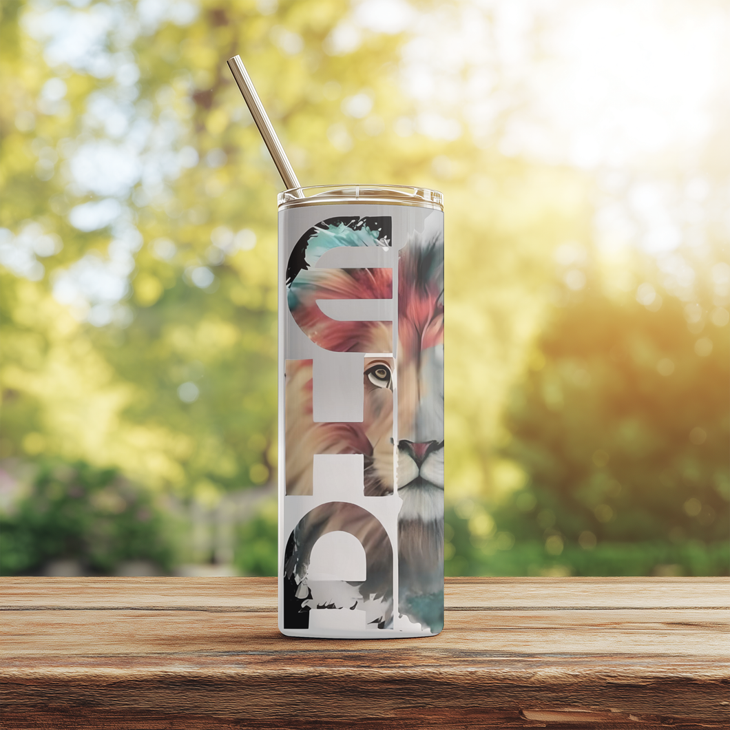 Front view of Yeshua™ Lion of Judah 20oz Stainless Steel Tumbler featuring bold lion artwork and YESHUA lettering.