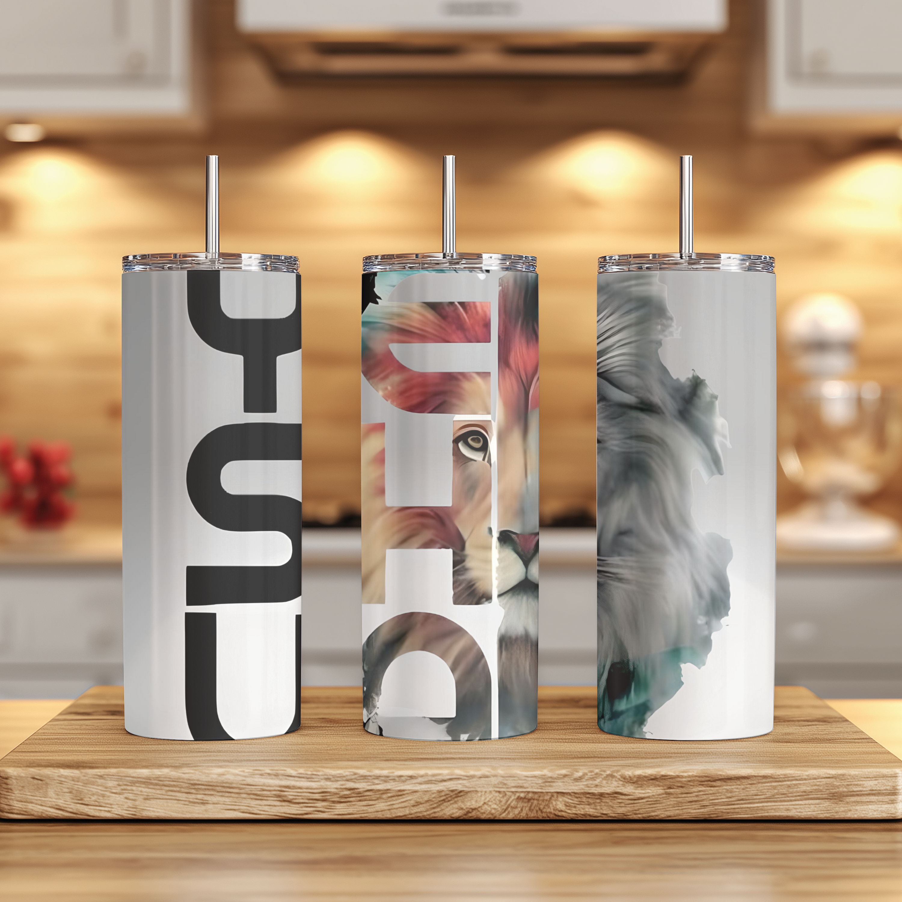  Lifestyle photo of Yeshua™ Lion of Judah tumbler displayed on a rustic table with cozy background setting.