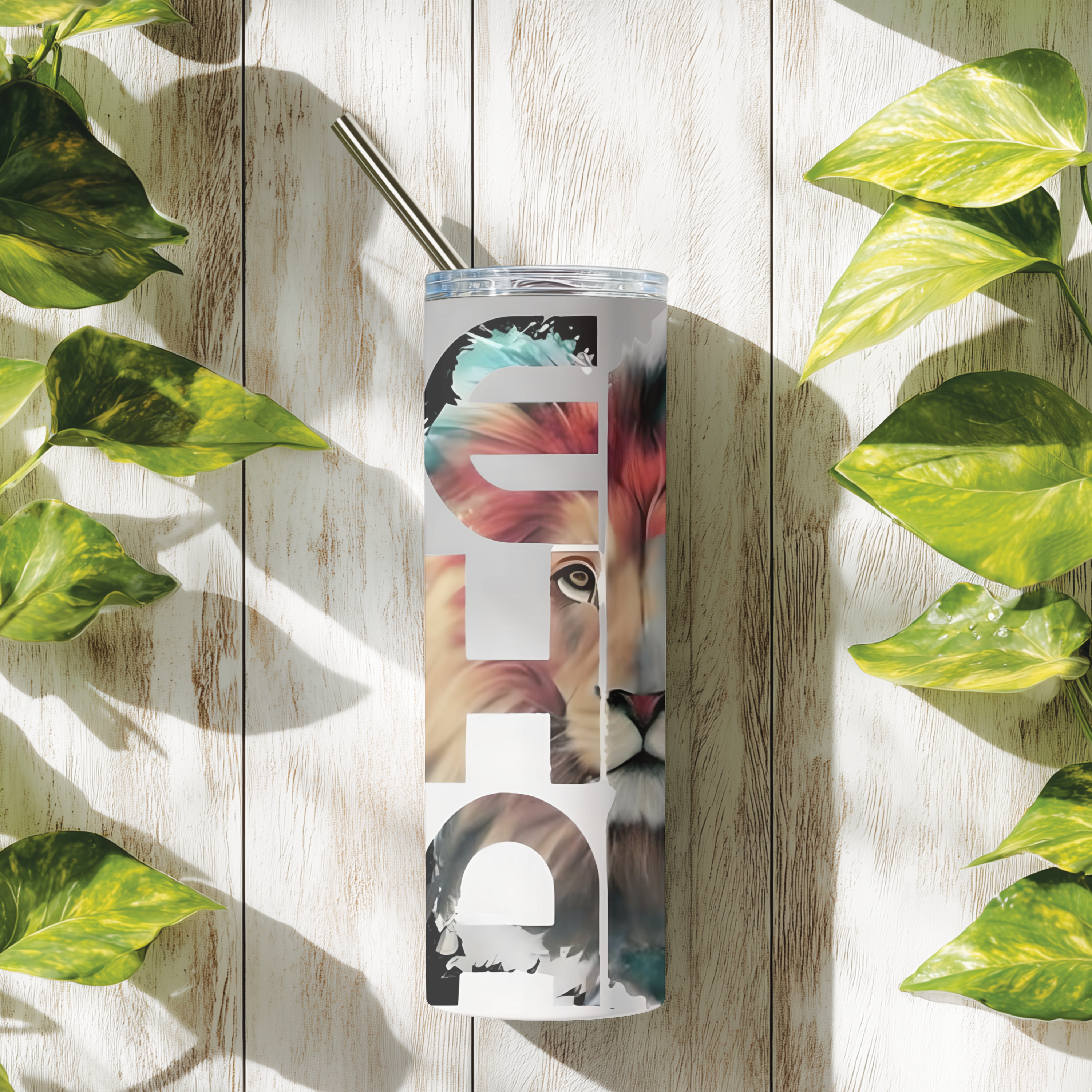 Outdoor lifestyle image of Yeshua™ Lion of Judah tumbler, symbolizing bold faith and strength on the go.